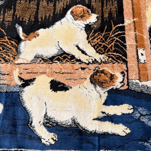 Vintage Tapestry 37 x 20 Cat Jack Russell Dog Puppies Plush Wall Hanging Rug - Picture 3 of 11